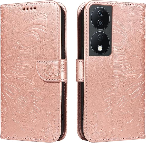 Protective Cover for Honor X7b CLK-LX1/LX2/LX3 (6.8 Inch) PU Leather Flip Case Butterfly Fairy Pattern with Stand Embossing Holster Lanyard Wallet Phone Shell Rose Gold