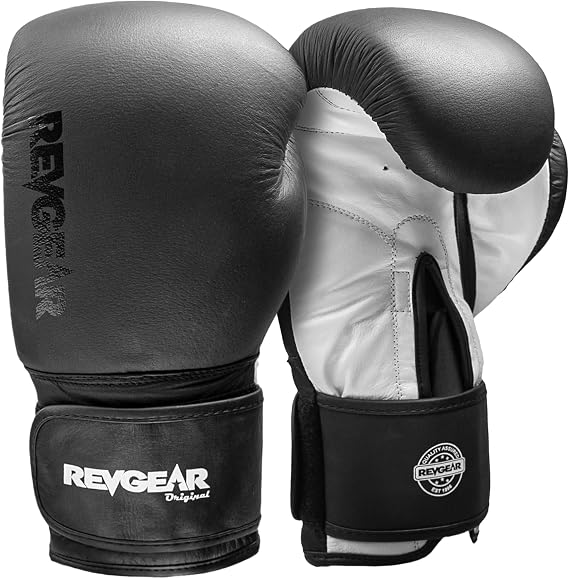 Revgear Pro Leather Boxing Gloves - Striking Boxing Training Gloves, Heavy Bag Gloves, Hook and Loop Wrist Support, Attached Thumb, Grip Bar -10500