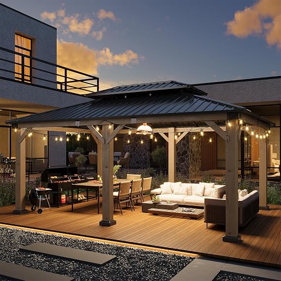 12x16ft. Wood Gazebo, Hardtop Gazebo with Galvanized Steel Double Roof, Suitable for Patios, Lawn and Backyard