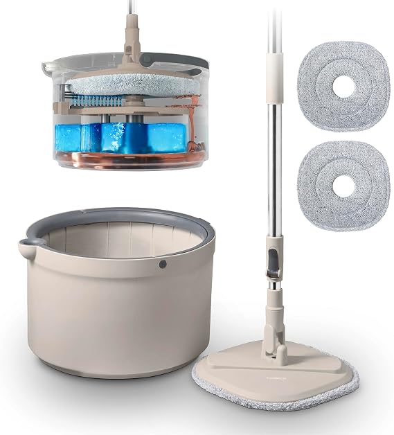 Tower Duo Compact Spin Mop & Bucket, Clean & Dirty Water Separation, Effortless 360° Wringing, 2 Reusable Microfibre Mop Pads, Latte & Grey, T869009MSH