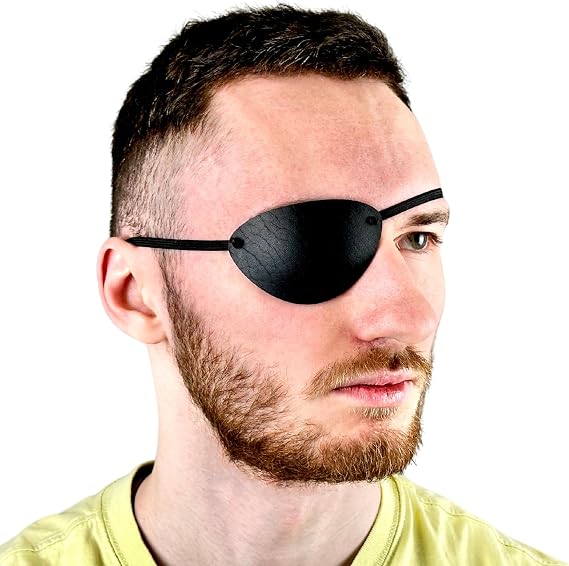Black Leather Eye Patch, Concave 3D Design for Adults, Adjustable Strap