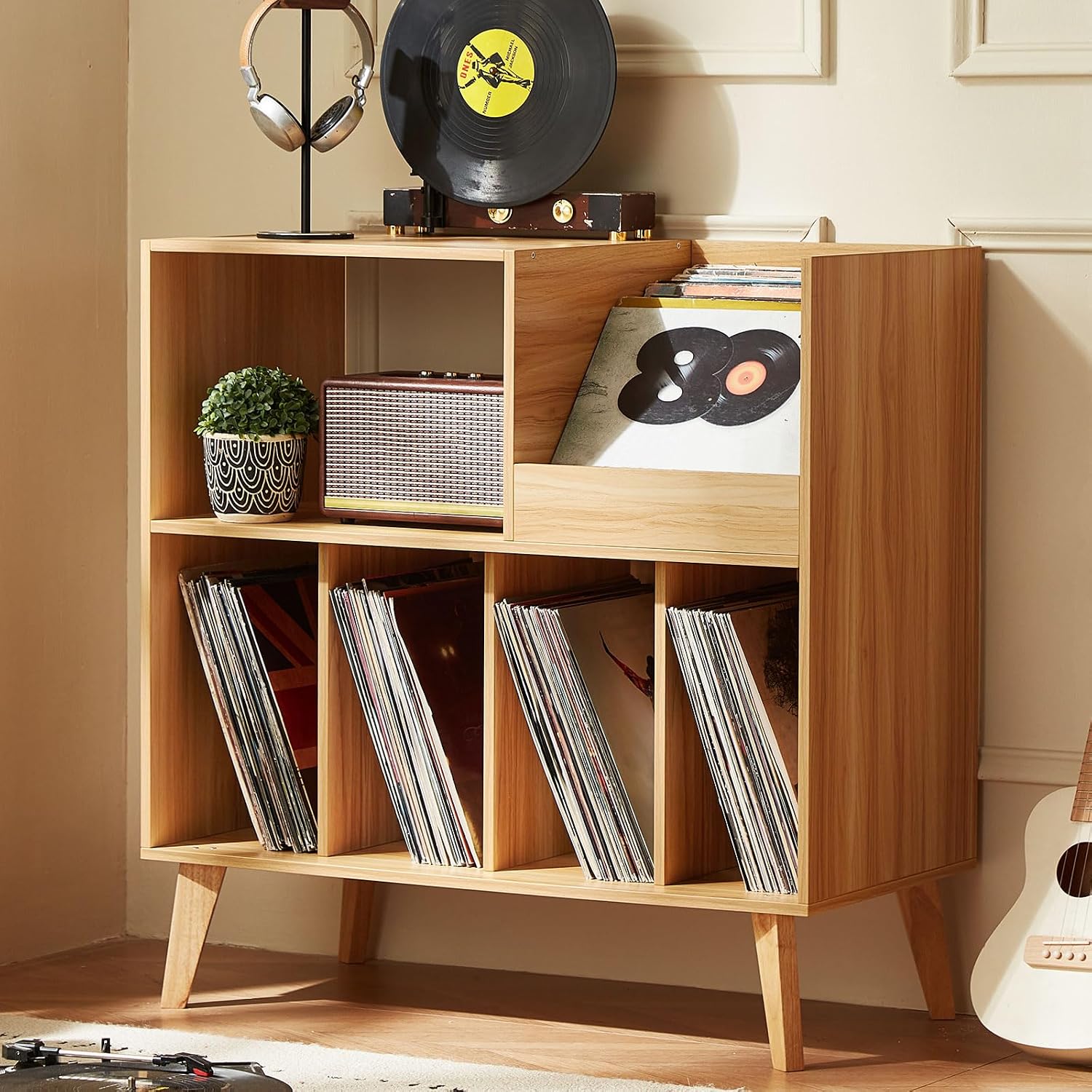Large record stand with storage, record player stand with shelf, vinyl record holder with presentation surface, record stand for up to 300 albums, record shelf for music room and living room