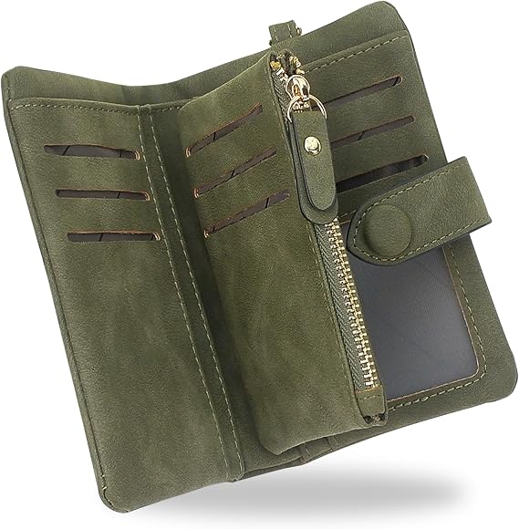 conisy Small Women Wallet with Wristlet,Large Capacity RFID Blocking Purse (Olive Green)
