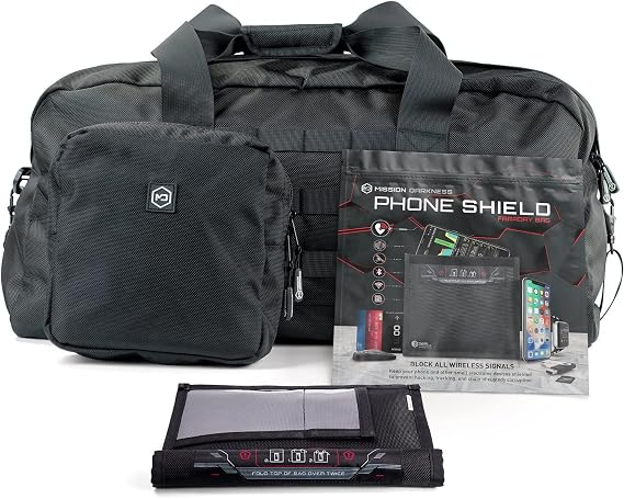 Mission Darkness Protected Traveler Faraday Bag Bundle - Collection Includes 1 Phone Bag +1 Faraday Duffel Bag with MOLLE Pouch. RF Shielding, EMF Reduction, EMP Protection, Anti-Tracking & Hacking.