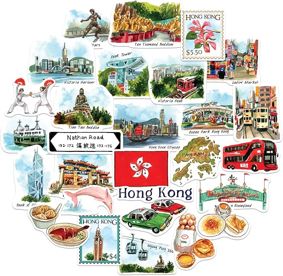 Navy Peony Cosmopolitan Hong Kong Travel Stickers (28pcs) - Watercolor, Hong Kong-Themed Vacation Decals for Journals, Scrapbooks, Luggage, Tumbler