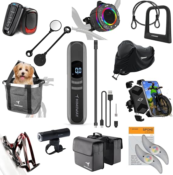 Himiway 12 in 1 Bicycle Accessories Gift Pack Include Bike Lock/Bag/Phone Holder/Speaker/Water Bottle Holder/Pump/Headlight/Taillight with Alarm/Cover/Basket/Spoke Light/Mirrors