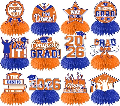 12Pcs Orange and Blue Graduation Decorations Honeycomb Centerpieces, Class of 2026 Graduations Centerpieces for Tables Orange and Blue Congrats Grad Graduation Table Decoration Grad Centerpiece