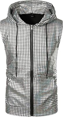 ZEROYAA Mens Shiny Metallic Zip Up Sleeveless Hooded Vest T Shirt with Kangaroo Pocket