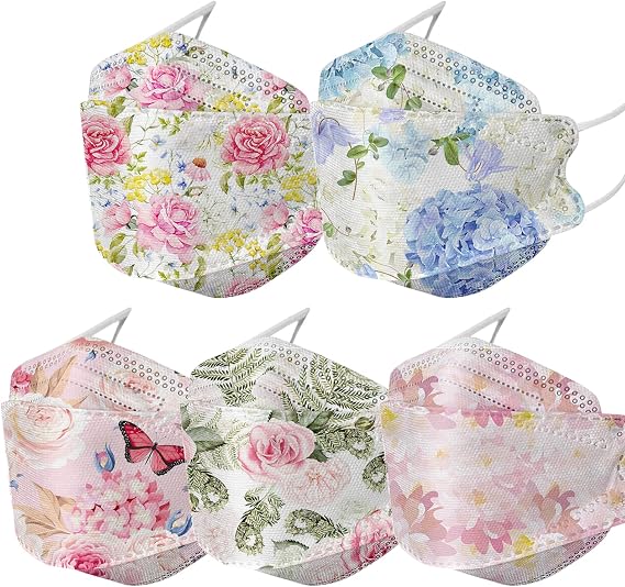 BOFFO 50 Pack Spring flowers Face_Masks with 4-Layer Face Filter with Elastic Earloop, Breathable with Floral Print for Adult (MulticoloredCJ)