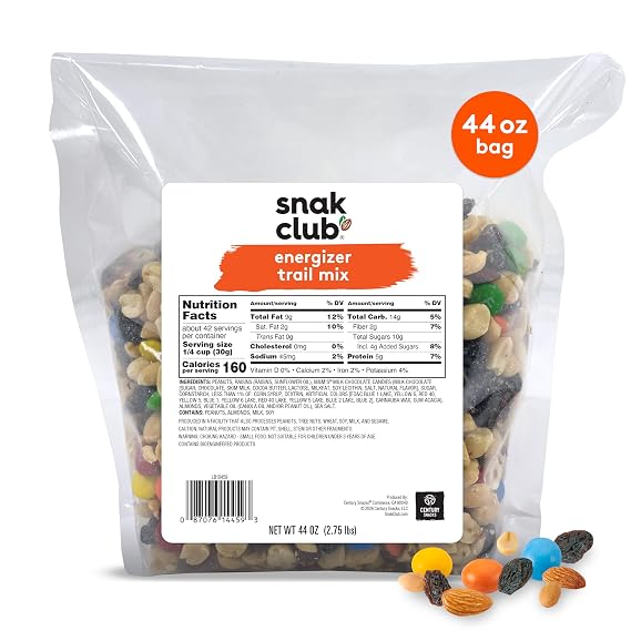 Snak Club Energizer Trail Mix with Roasted Salted Peanuts, Raisins, M&MS Chocolate Candies, Roasted Almonds, Protein Snacks, Gluten-Free and Kosher Snack, 44 oz Bulk Bag