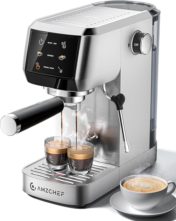 AMZCHEF Espresso Machine 20 Bar Professional Coffee Maker with Milk Frother, Adjustable Temperature & Pressure, Compact Stainless Steel Espresso Maker for Cappuccino, Latte, Mocha, 44oz Water Tank