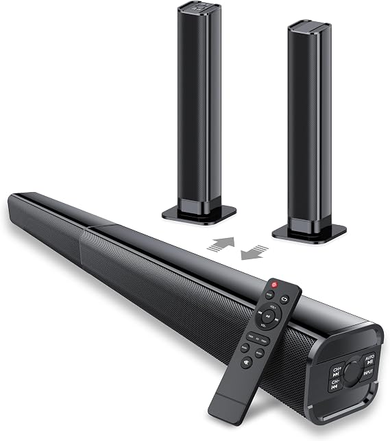 Sound Bar, 80W SoundBar for Smart TV, 2026 Bluetooth 5.3 Soundbar, Home Theater Surround Sound, 2 in 1 Detachable Home Speaker Bass, ARC/Optical/AUX/Connections, for TV/PC/Projectors