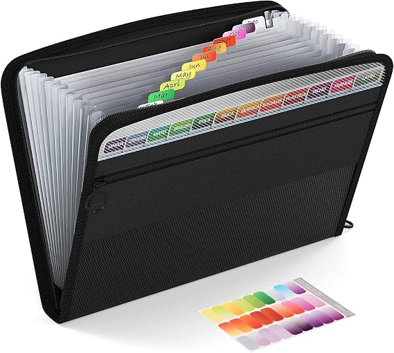 ABC Life - Expandable Document Case, 13 A4 Pockets, Document Sorter with Zipper Closure, Document Organizer for Accordion Documents - Black