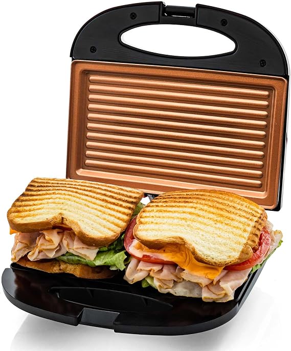 OVENTE Electric Panini Press Grill, 750W Nonstick Plates, Copper GP0110CO | LED Indicator Lights, Thermostat Control, Compact Sandwich Maker Perfect for Cooking Breakfast, Steaks, Eggs Snacks & More