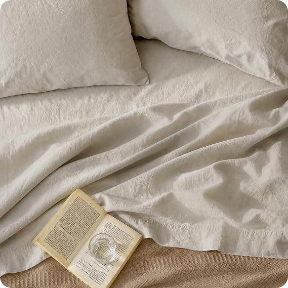 Bedsure PureWoven Linen Sheets King Size, Cotton Linen Blend Sheets, 4PCS | BV & Oeko-Tex Certified, All-Season Breathable for Hot Sleepers, Anti-Pilling & Tearproof, 16" Deep Pocket, Linen Beige