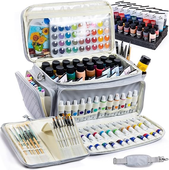 SFYBYHEART Quilted Acrylic Paint Organizer Bag with 13" Brush Holder Case, Art Supply Storage Bag with Foam Inserts for Bottles & Tubes, Large Craft Paint Organizer for Artists