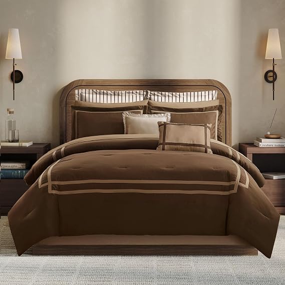 Wonderful Brown King Comforter Set Hotel Style 8 Piece Bedding Set Hydro-Brushed Modern Luxury Comforter with Sheets, Pillow Shams, Decorative Pillow for All Season