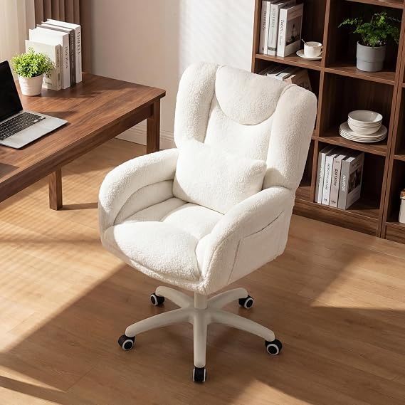 DEKKETO Teddy Oversized Cross-Legged Office Chair with Lumbar Pillow, White
