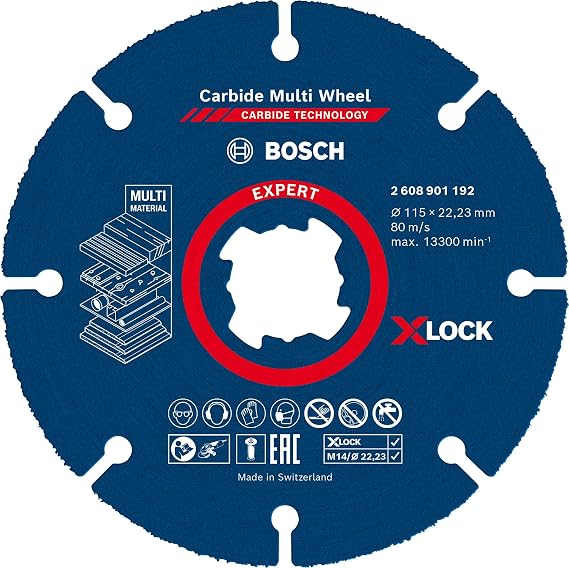 Bosch 1x EXPERT Carbide Multi Wheel X-LOCK Kesici Diskler (Sert ahşap, Çivili ahşap, Plastik, Alçıpan panel, Ø 115 mm, Aksesuar Küçük Avuç Taşlama Makinesi)