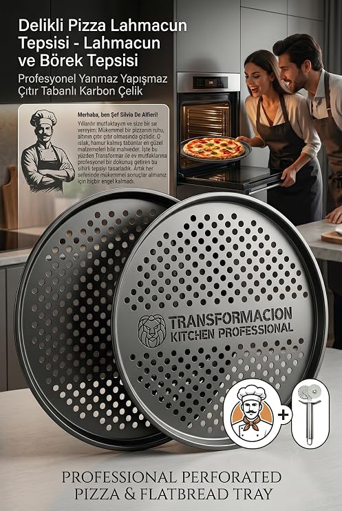 Profesyonel Delikli Pizza Tepsisi 32 cm - Yanmaz Yapışmaz Çıtır Tabanlı Karbon Çelik Lahmacun ve Börek Tepsisi 723292