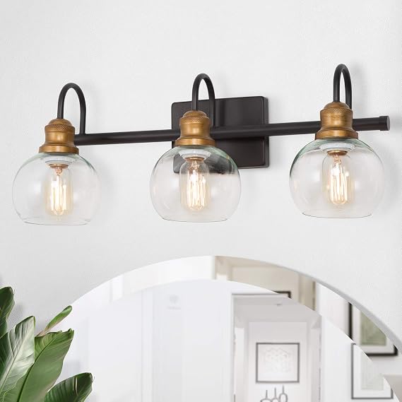 LALUZ Bathroom Light Fixtures, Vanity Lights with Oil Rubbed Bronze Finish, Antique Gold Socket, Clear Glass Shade, 22.5 L x 7 W x 9 H