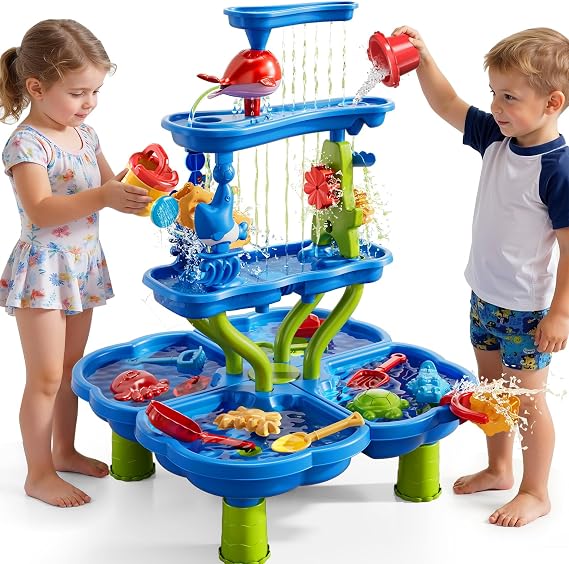 4-Tier Water Table for Toddlers 1-3 3-5, Sand Beach Water Table Toys for Kids, Water and Sand Sensory Table Beach Outdoor Birthday Gifts Toys for Kids Toddlers Age 3 4 5 6 7 8 Boys Girls
