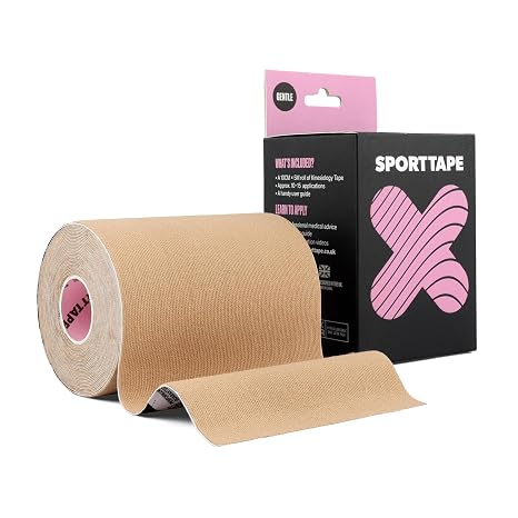 SPORTTAPE Gentle Adhesion Kinesiology Tape, 10cm x 5m, Beige - Extra Wide Hypoallergenic & Water Resistant Sports Tape for Sensitive Skin, Muscle Support, FTM Chest Binding, Lower Back Injury Recovery