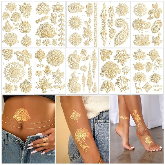 10-Sheet Gold Henna Tattoo Kit - Women's & Girls' Tattoo Stickers for Arms & Hands - Wedding & Festival Glitter Henna Tattoos