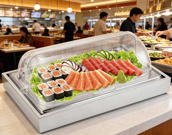 Ice Food Serving Display Tray with Clear Roll Top Cover Buffet Cold Serving Cooler Platter w/ 2 Ice Packs Cooling Food Dishes Display Plate Case with Lid for Seafood Fruit Party Buffet Tray