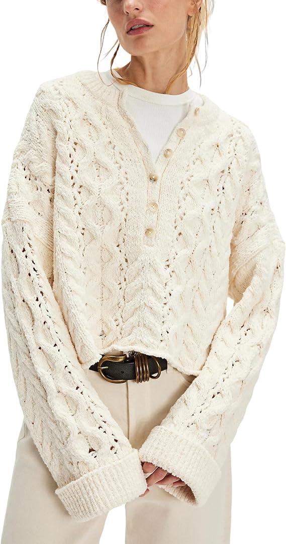 Lentta Womens Chunky Cable Knit Sweater Crewneck Long Sleeve Half Button Pullover Fall Winter Knitwear