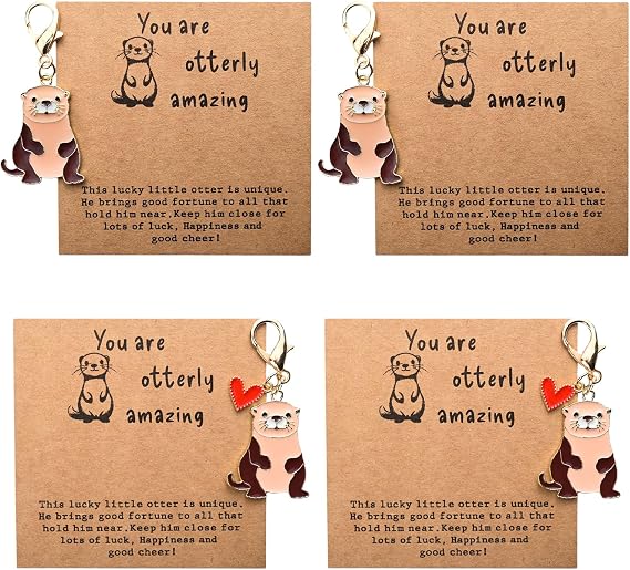4 Pieces Otter Keychain with Emotional Support Warm Card - Inspirational Gift, Lucky Animal Key Ring, Alloy Keepsake
