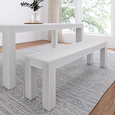 PlankBeam 60 Inch Dining Bench for Dining Room & Kitchen, Wooden Outdoor & Entryway Bench, White Wirebrush