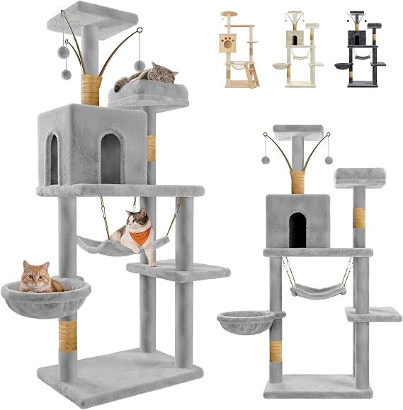 JUPPLIES Scratching Tree for Cats 143 cm – Play and Rest Tower with 5 Platforms, 3 Nests, 1 Cave and Hammock – Sisal Post and Stable Base 60 × 40 cm – Ideal for Homes (Grey)