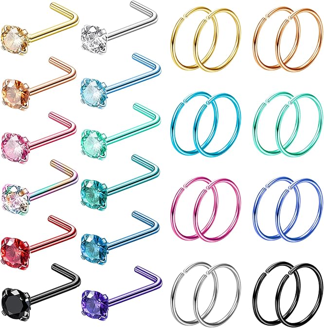 FIBO STEEL 28 PCS Nose Rings Set for Women Men Nose Hoops Studs 18G 20G 22G