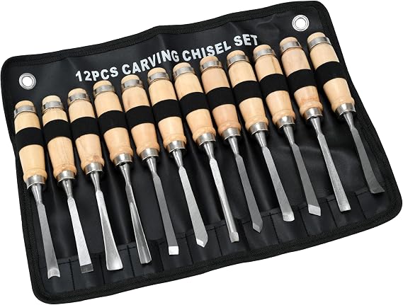 12 Pieces Wood Chisel Set,Wood Chisels for Woodworking with Steel Hammer End, Professional Wood Gouge Turning Tools for Craftsman Carpenter Beginners, for Precision Carving & DIY Projects