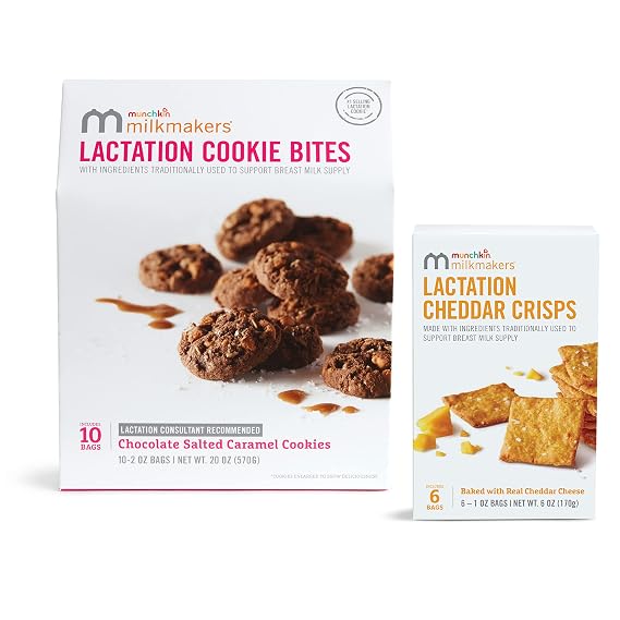 Munchkin Milkmakers 10pk Lactation Cookie Bites, Chocolate Salted Caramel and 6pk Lactation Crisps, Cheddar