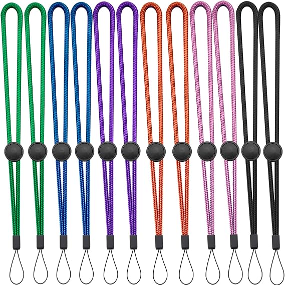 YOUOWO 12Pcs Wrist Lanyards with Button 6Colors Adjustable Length | Multicolor Lightweight,Pink,Green,Blue,Orange,Purple,Black,for Keys Phone Keychain USB etc