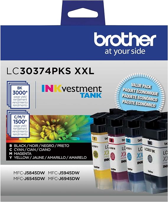 Brother Genuine LC30374PKS, 4-Pack Super High-Yield INKvestment Tank Ink Cartridges, Includes 1 Cartridge Each of Black, Cyan, Magenta and Yellow Ink, Up to 1,500 Pages/Cartridge, LC3037