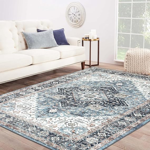 Area Rug 69, Large Vintage Boho Rug,Ultra-Soft Low Pile, Washable, Non Slip,Stain Resistant, Printed Carpet for Living Room Bedrooms Playroom Office Kitchen, Blue/Navy