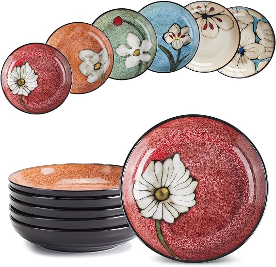 Ceramic Deep Plates For Kitchen,8.5 in Plates Set of 6,Large Pasta Serving Bowl, For Steak,Salad,Appetizer,Pasta, Serving etc,Dishwasher, Microwave, and Oven Safe (8.5 Inch)