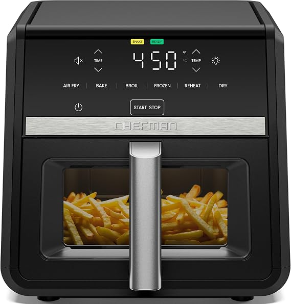 Chefman Air Fryer TurboFry 9-Qt, 6-in-1 High-Powered 450F Cooking for Crispier French Fries, Chicken, and Onion Rings, XL Windowed Basket, Air Fry, Bake, Broil, Reheat, Dehydrate, Defrost Black