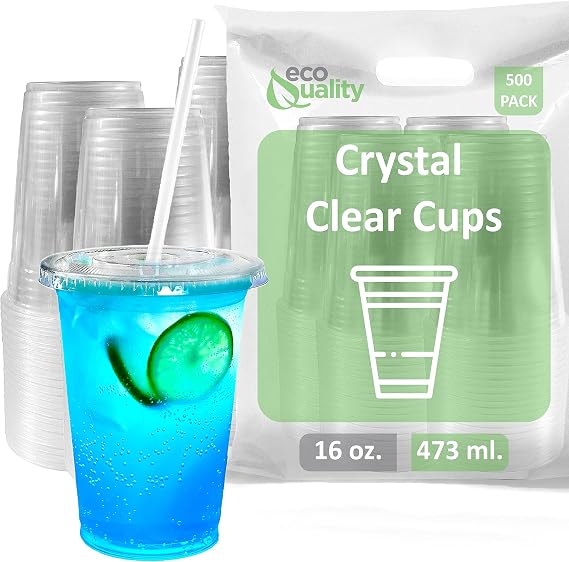 Large Clear Plastic Disposable Cups with Lids & Straws 500 Count - 16 oz (Ounces) Clear PET Cup for Cold Smoothie, Iced Coffee, Boba, Bubble Tea, Protein Shakes, Cold Drinks,Cups + Flat Lids +Straws