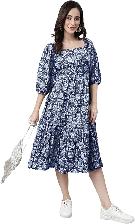 Janasya Women's Blue Cotton Casual Summer Dress
