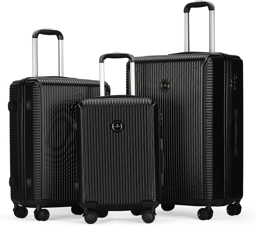 Hard Shell Expandable Suitcase, Lightweight PC+ABS Travel Luggage with TSA Lock, Double Spinner Wheels & High Capacity Storage (Black, 3pc Set)