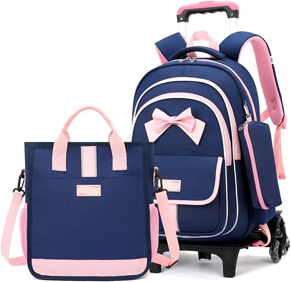 MITOWERMI Rolling Backpack for Girls Elementary School Bag Bowknot Backpack with Wheels Girls Bookbags with Handbag, Style c-3Pcs Dark Blue-6 Wheels, L 32 W 24 H 44 cm, 33.79 liters, 6 Wheels Trolley