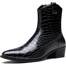 Jousen Cowboy Boots for Men Crocodile Embossed Men's Western Boot with Belt Buckle Side Zipper Stylish Retro Short