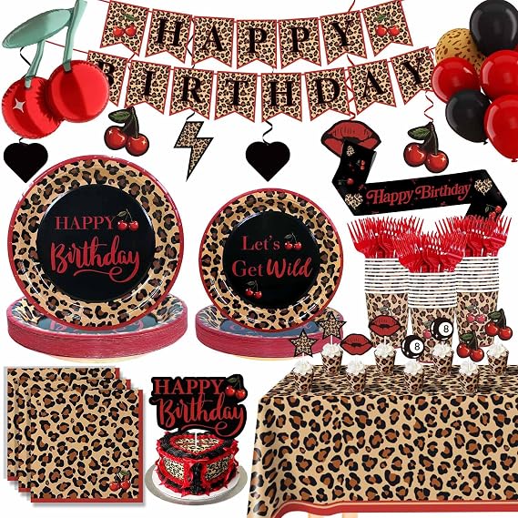 Cheetah Print Birthday Party Decorations for Girls Women | Red Cherry Leopard Print Party Pack | 25 Guests with Cardstock Plates Cups Napkins Tablecloth Banner Hanging Swirls Balloons Cake Topper