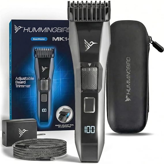 HUMMINGBIRD MK14 BeardMaster Premium Beard Trimmer for Men, Precision Dial, Adjustable 20 Length Settings, Stainless Steel T-Blade, Cordless USB-C Rechargeable, Waterproof, LED Display, Travel Case