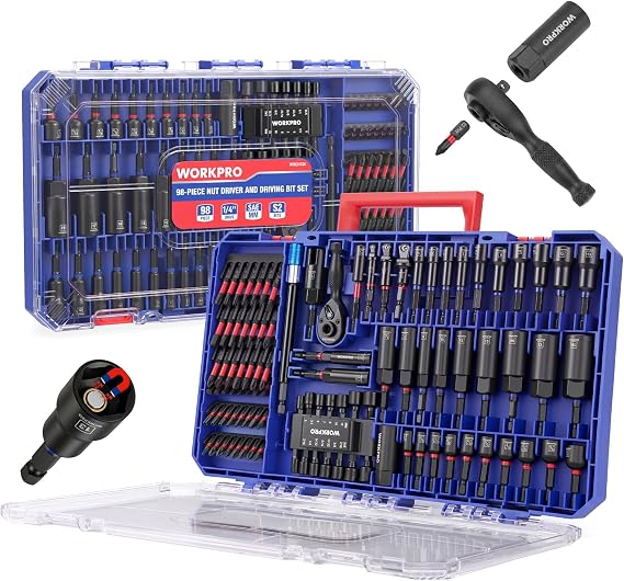 WORKPRO 98-Piece Magnetic Nut Driver Set, Impact Driver Bits, Metric & SAE