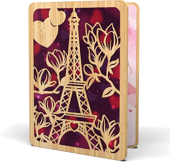 Happy Valentines Day Card for Wife or Girlfriend - Made from Real Bamboo, 5" X 7" - 1 Pack (Envelope Included), Laser Cut, Eiffel Tower Themed Valentines Card Wife Will Adore